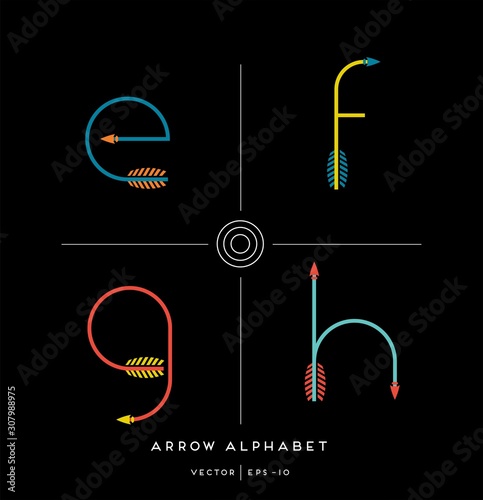 Modern minimalist font alphabet shaped like archery arrows. Letters e, f, g, h. Vector illustration.