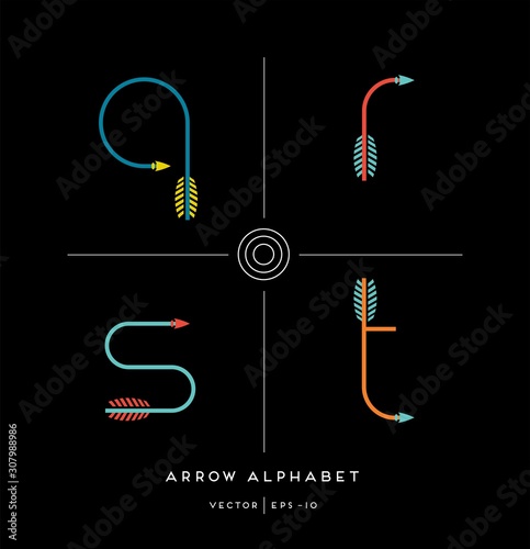Modern minimalist font alphabet shaped like archery arrows. Letters q, r, s, t. Vector illustration.