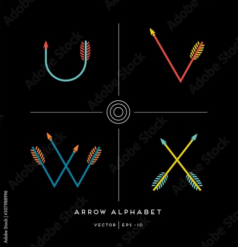 Modern minimalist font alphabet shaped like archery arrows. Letters u, v, w, x. Vector illustration.