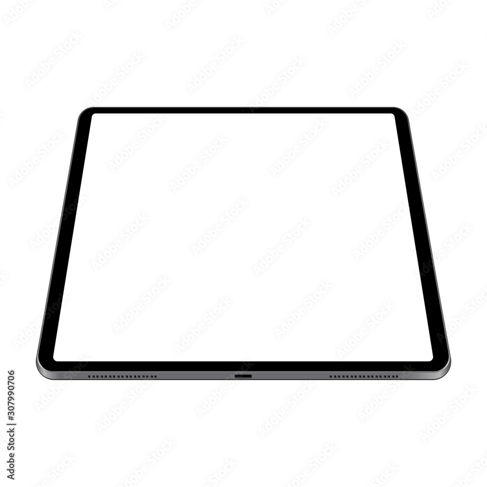 Black tablet computer mockup with perspective vertical view isolated on white background. Vector illustration Black tablet computer mockup with perspective vertical view isolated on white background. Vector illustration