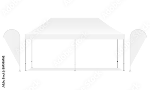 Blank rectangular canopy tent with two promotional flags isolated on white background. Vector illustration