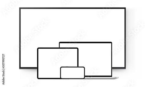 Set of modern devices mockups: TV on wall, laptop computer, tablet, mobile phone. Vector illustration