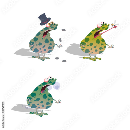 a thick spotted toad suffers from indigestion from gluttony. Vector illustration on a colored background.