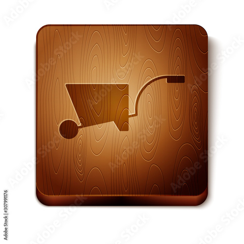 Brown Wheelbarrow icon isolated on white background. Tool equipment. Agriculture cart wheel farm. Wooden square button. Vector Illustration