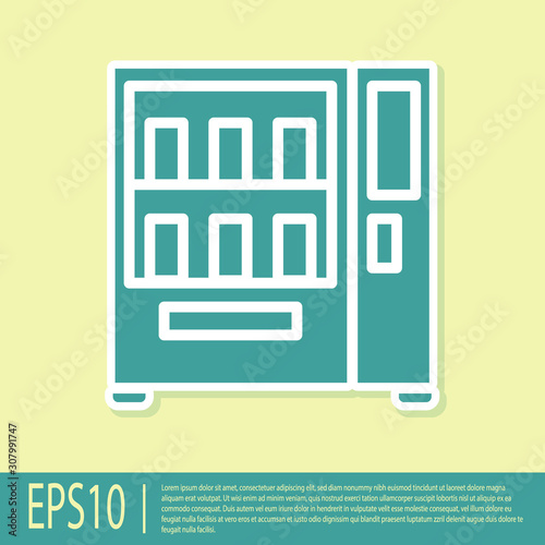 Green Vending machine of food and beverage automatic selling icon isolated on yellow background.  Vector Illustration