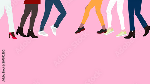 crowd of people is going to meet each other. A lot of women's legs in different shoes stepping right and left,