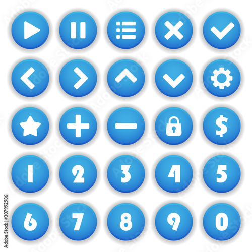 Set 25 of round blue buttons isolated on white background for game user interface. Mobile app vector elements, icons, arrows, level numbers template.