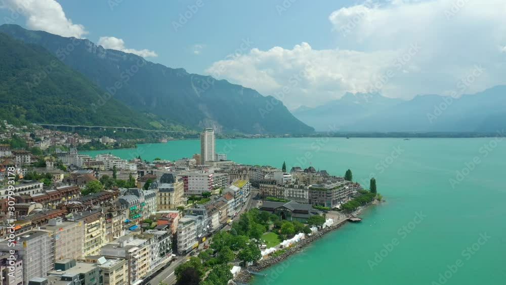 day time flight over montreux city geneva lake famous festival bay aerial panorama 4k switzerland day time flight over montreux city geneva lake famous festival bay aerial panorama 4k switzerland