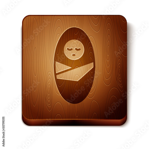 Brown Newborn baby infant swaddled or swaddling icon isolated on white background. Baby kid child wrapped in blanket clothes. Wooden square button. Vector Illustration