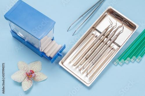 Set of metal dental instruments for teeth dental care