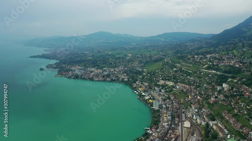 Wallpaper Mural day time flight over montreux city geneva lake famous bay hill aerial panorama 4k switzerland Torontodigital.ca