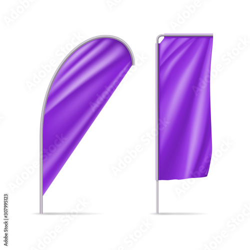 Plum teardrop and rectangular flags mockups. Realistic stationary expo banners for outdoor presentation, exhibition or sport competition. Product advertising and promotion vector illustration.