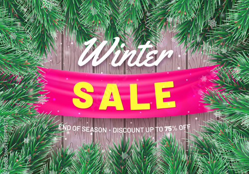 Winter sale mockup with xmas decorations. Realistic branches of christmas tree and red banner on wooden background. Festive design of Christmas sale weekend. End of season, discount up to 75 % off.