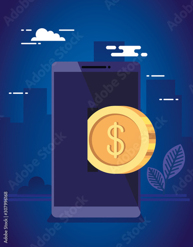 Smartphone and coin design, Digital technology communication social media internet web and wireless theme Vector illustration