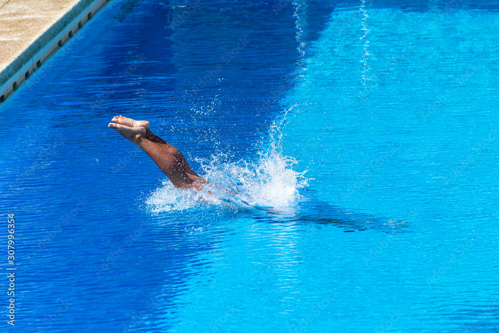 Girl Swimming Pool Diving Half Half Submerged Feet Outdoors