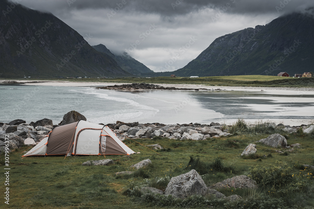 Tent on sea shore, Lofoten Norway