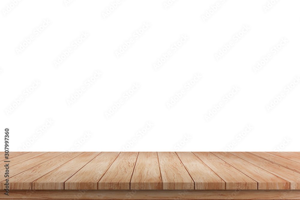 Empty wooden table isolated on white background, of free space for your copy and branding. Use as products display montage. Vintage style concept. 3d illustration Empty wooden table isolated on white background, of free space for your copy and branding. Use as products display montage. Vintage style concept. 3d illustration