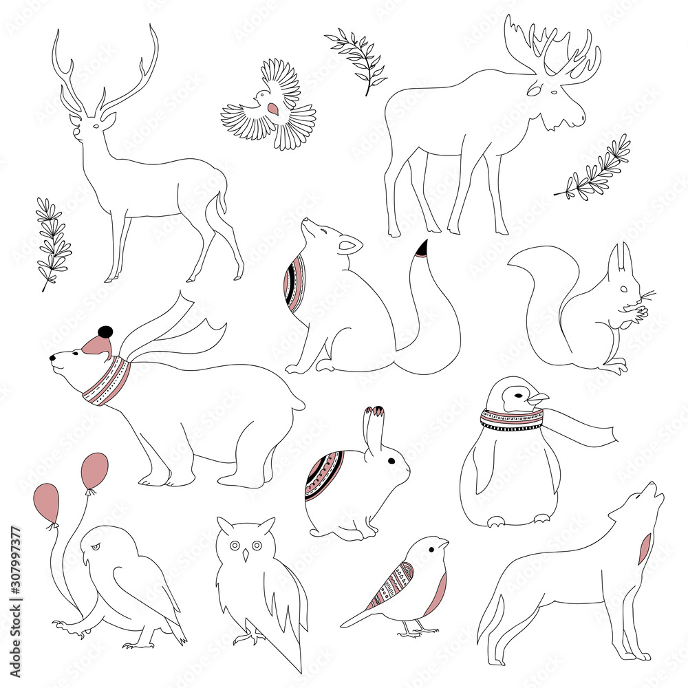 Handdrawn forest animals: deer, bear, volf, fox, rabbit, owl. Winter  Illustration Stock Vector | Adobe Stock