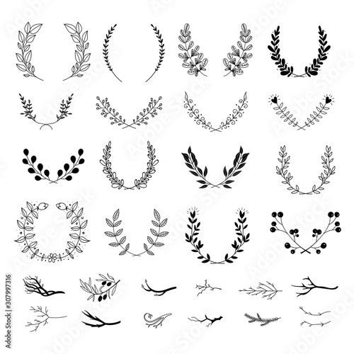Handdrawn laurels and wreaths. Decorative floral elements. Leaves and branches