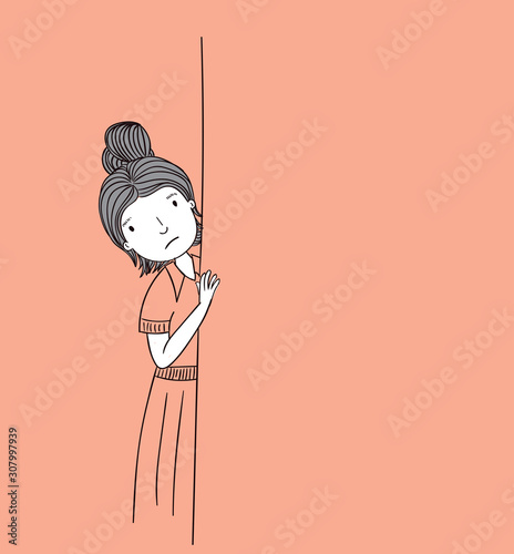 Young woman she was peeking someone.She is afraid of her own insecurities to face the truth.She was scared that her friends mocked her as a joke