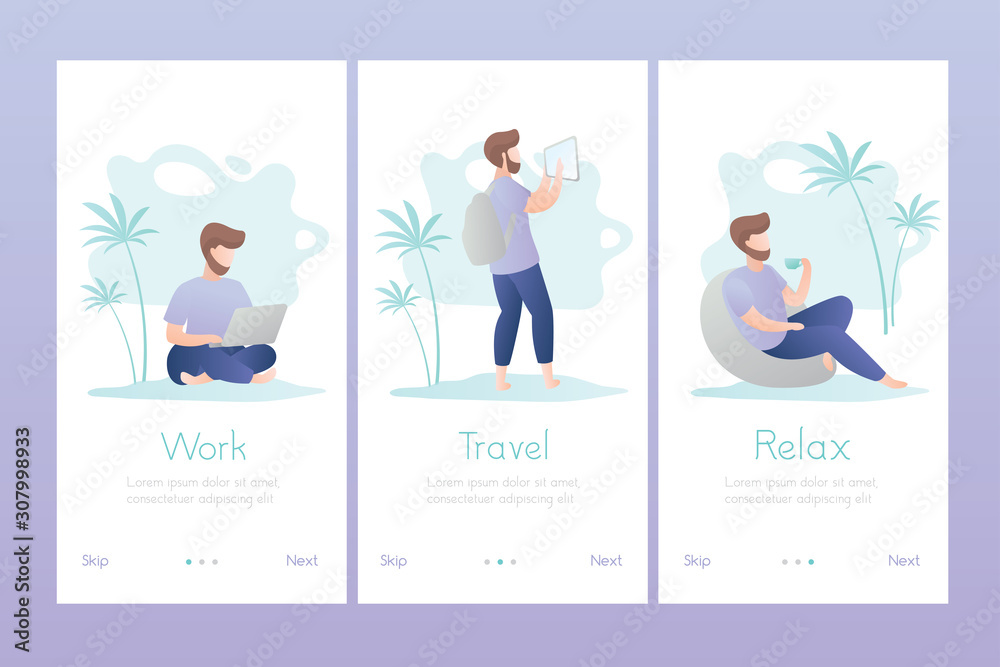 Handsome male work,travel and relax. Backgrounds template for mobile app. Freelancer male in different scenes