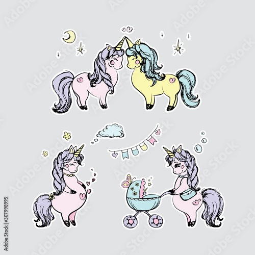 Set of cute unicorns- couple,pregnant unicorn and fairytail horse with baby in carriage.