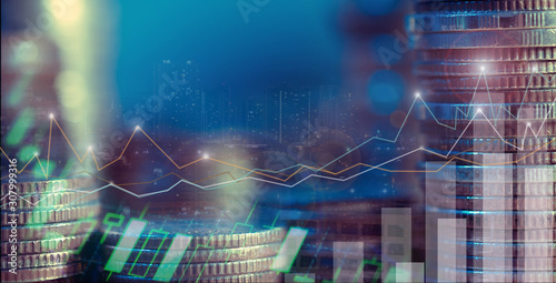 Financial investment concept, Double exposure of city night and stack of coins for finance investor, Forex trading candlestick chart, Cryptocurrency  Digital economy. background for invest