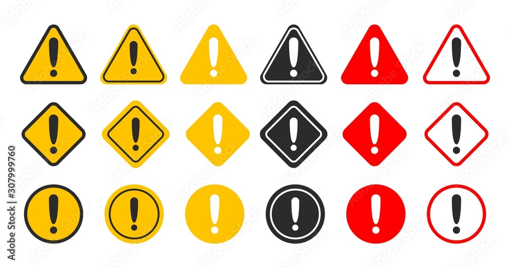 Caution alarm set. Danger sign collection. Attention vector icon. Yellow and red fatal error message element. Caution alarm set. Danger sign collection. Attention vector icon. Yellow and red fatal error message element.