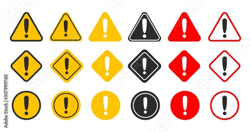 Caution alarm set. Danger sign collection. Attention vector icon. Yellow and red fatal error message element. photo