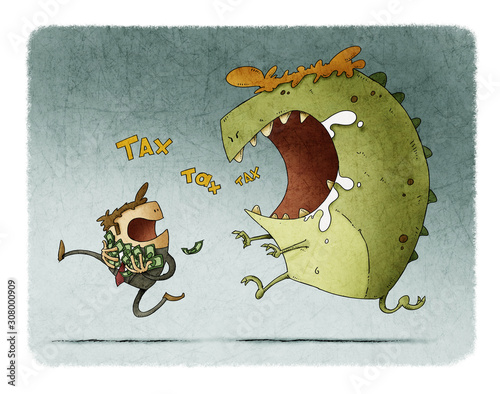 man with his hands full of bills runs because he is chased by a big monster t...