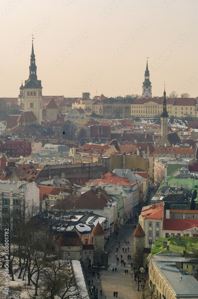 Tallinn old town winter panoramic view with fortress towers and walls, tiles roof and cathedrals spire. Estonia