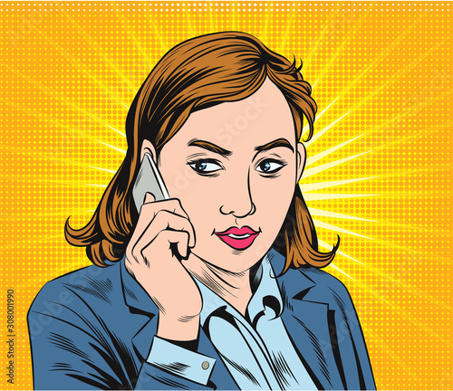 Business women talking on mobile phones. Pop art retro vector illustration vintage kitsch