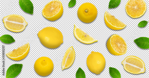 Minimal pastel style creative layout made of lemon and leaves , half of lemon , slide, piece. flat lay. Fruit concept.isolated on transparent background photo