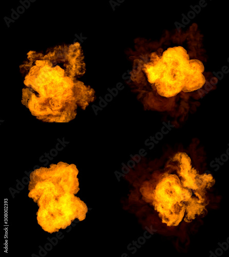 high resolution bomb blasts - set of 4 various renders of fire explosion isolated on black background, 3D illustration of objects