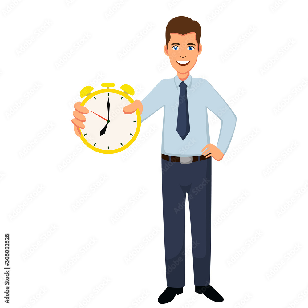 Manager man shows on the clock.Vector illustration in cartoon style