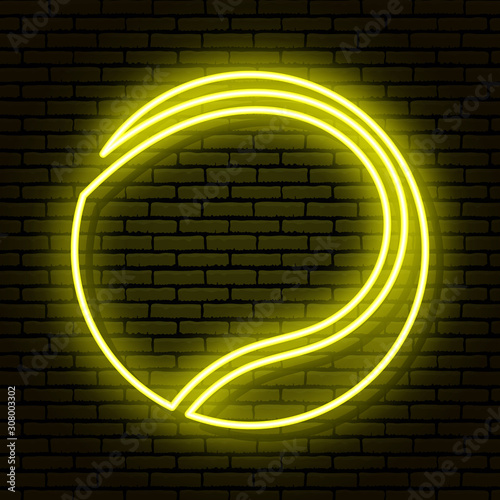 Sign of a tennis ball. Neon sign on a brick wall background. Yellow colors. For decoration of bars, cafes, restaurants, pubs.