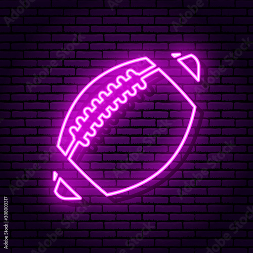 Sign of a rugby ball. Neon sign on a brick wall background. Violet colors. For decoration of bars, cafes, restaurants, pubs.