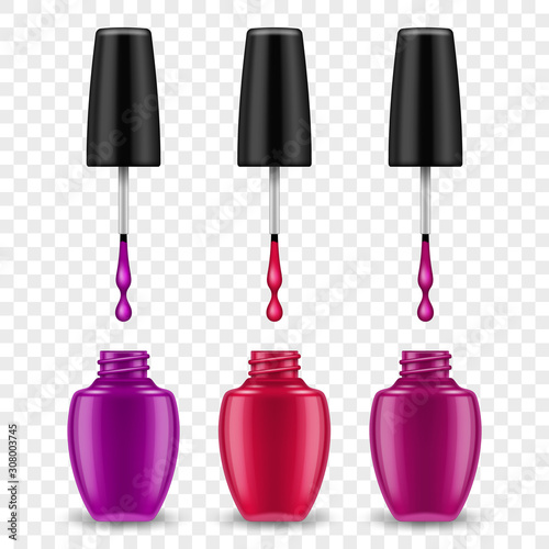 Set of realistic nail polish bottles on transparent background. Design element for cosmetic brand advertising poster