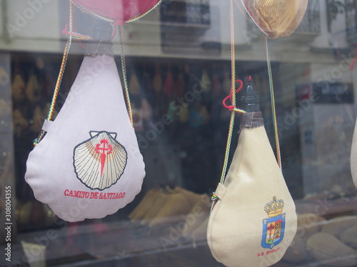 Traditional leather water bottle, El Camino de Santiago, Journey from Torres del Rio to Logrono, French way, Spain photo