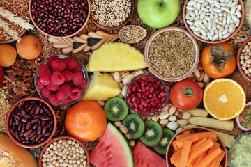 High fibre health food concept with super foods high in antioxidants, omega 3, vitamins &  protein with low GI levels for diabetics. Helps to lower blood pressure & cholesterol. Flat lay. Top view.