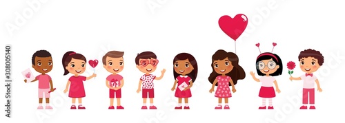 International little boys and girls dating, celebrating Valentines Day flat vector illustration. Young girlfriends and boyfriends isolated cartoon characters set. Children with February 14 presents