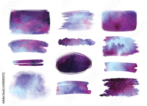 Set of watercolor galaxy splash clipart. Hand drawn cosmos illustration. Watercolor purple brush stroke with uneven edges