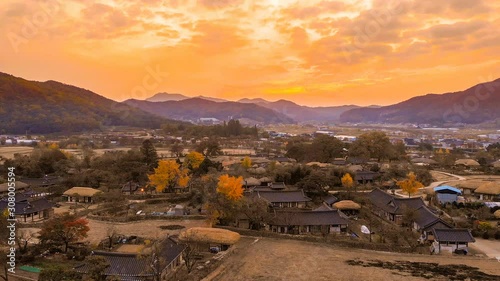 Autumn light sunset landscape of the village of Asan oeam taken by drone photo