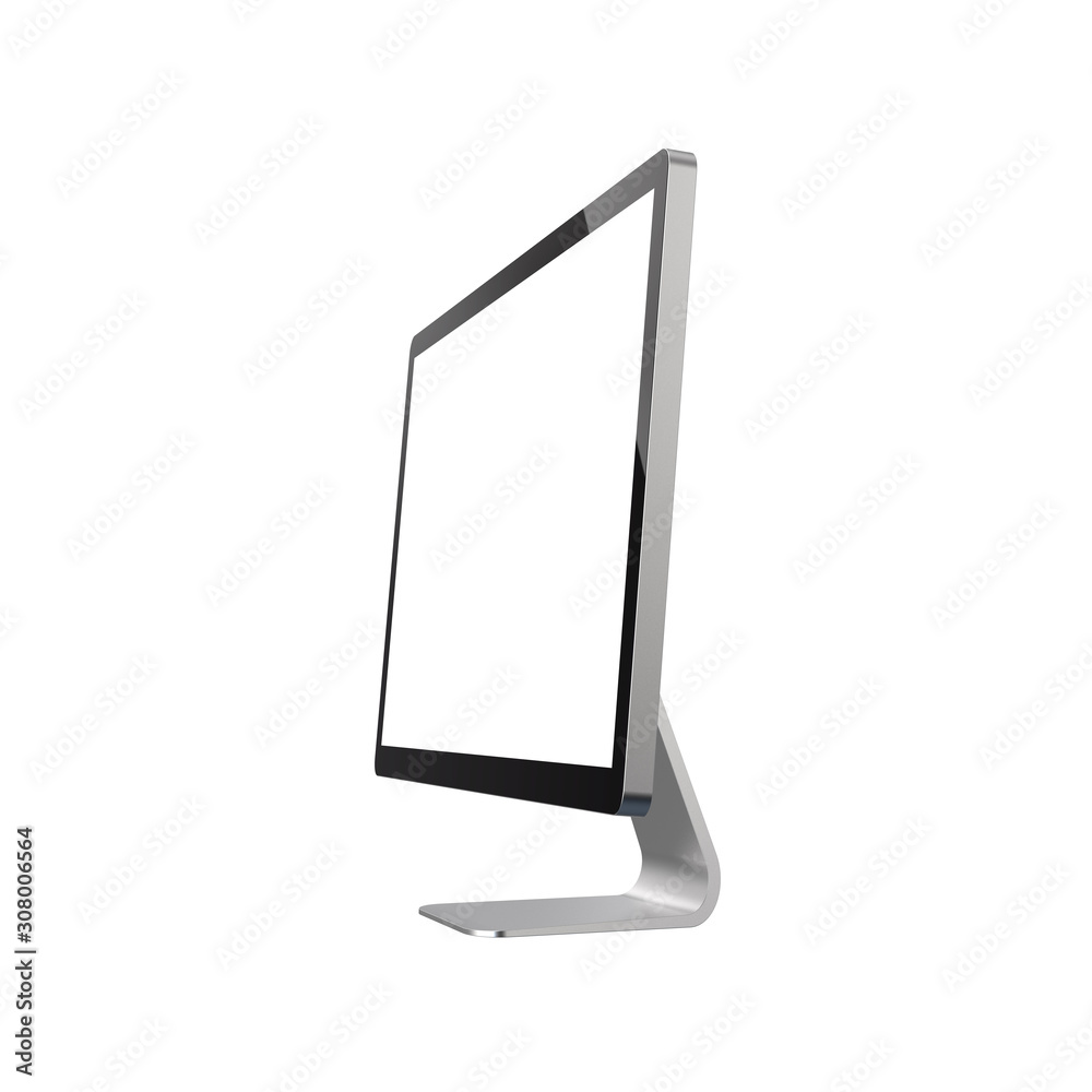 Angle View of Modern Empty Sleek Screen Display. 3D Illustration of LED PC Monitor Isolated on White Background. Angle View of Modern Empty Sleek Screen Display. 3D Illustration of LED PC Monitor Isolated on White Background.