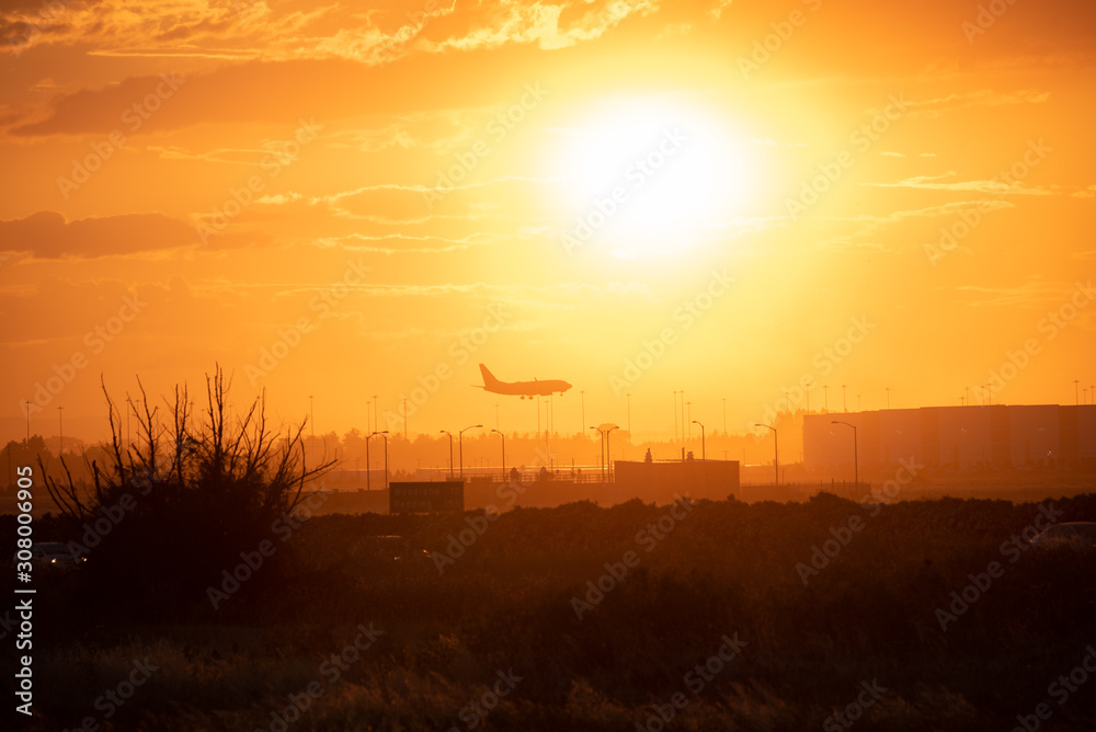 Airline landing at sunset