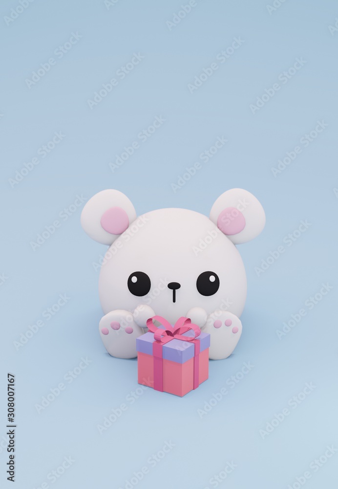 Fototapeta premium Cute White Little Teddy Bear Alone On Blue Background , Lovely Toy for Kid with copy space & 3D Illustration.