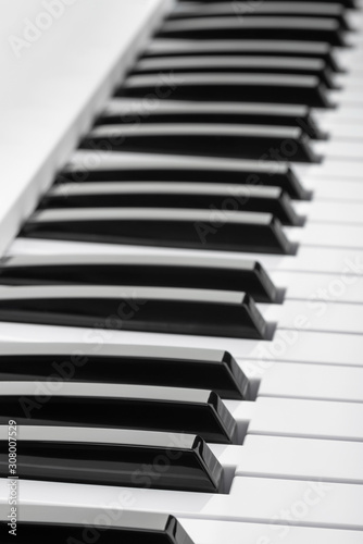 Close up detail on the black and white keys of a music keyboard  with copy space for text