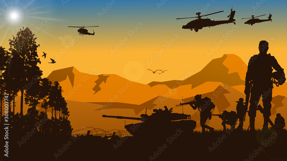 Military vector illustration, Army background, soldiers silhouettes.	