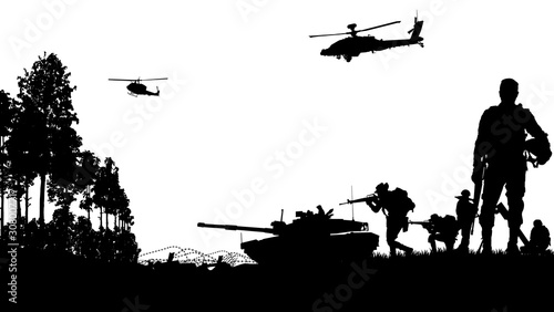 Military vector illustration, Army background, soldiers silhouettes.	