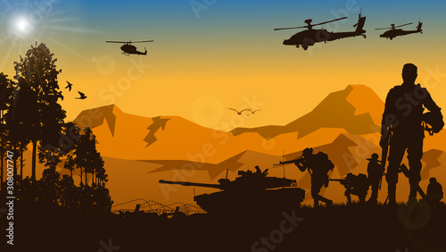 Military vector illustration, Army background, soldiers silhouettes.	